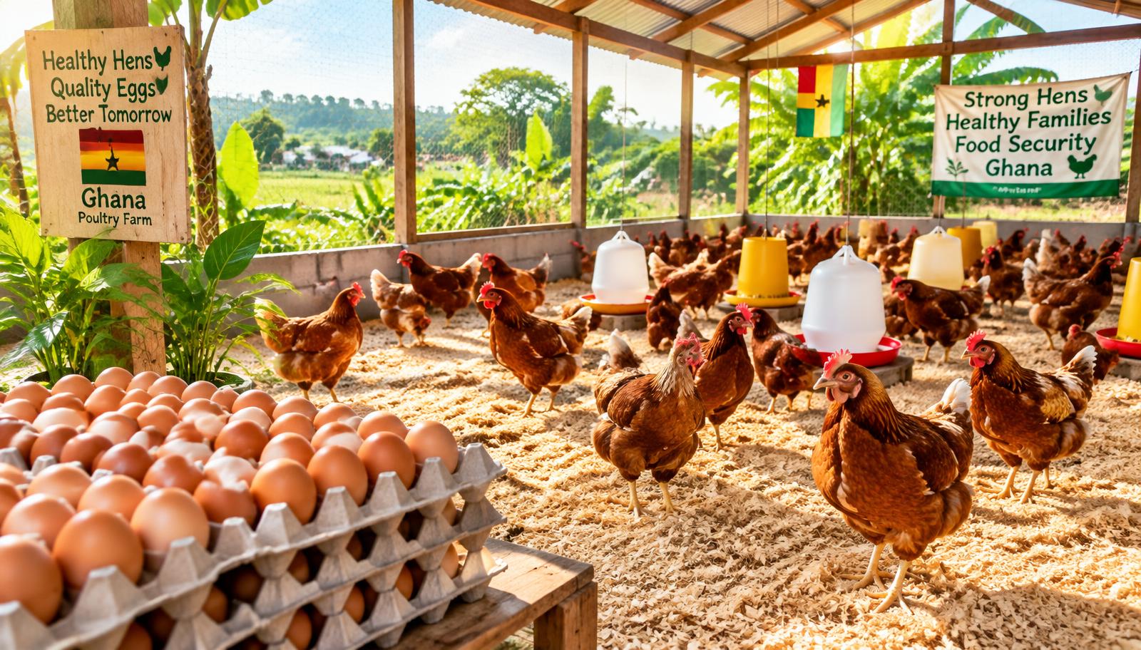 Layer hens and fresh egg crates on a sunny farm